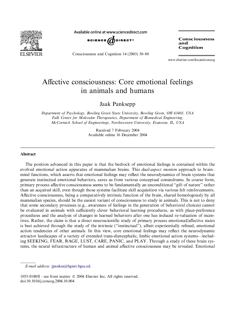 Affective consciousness: Core emotional feelings in animals and humans