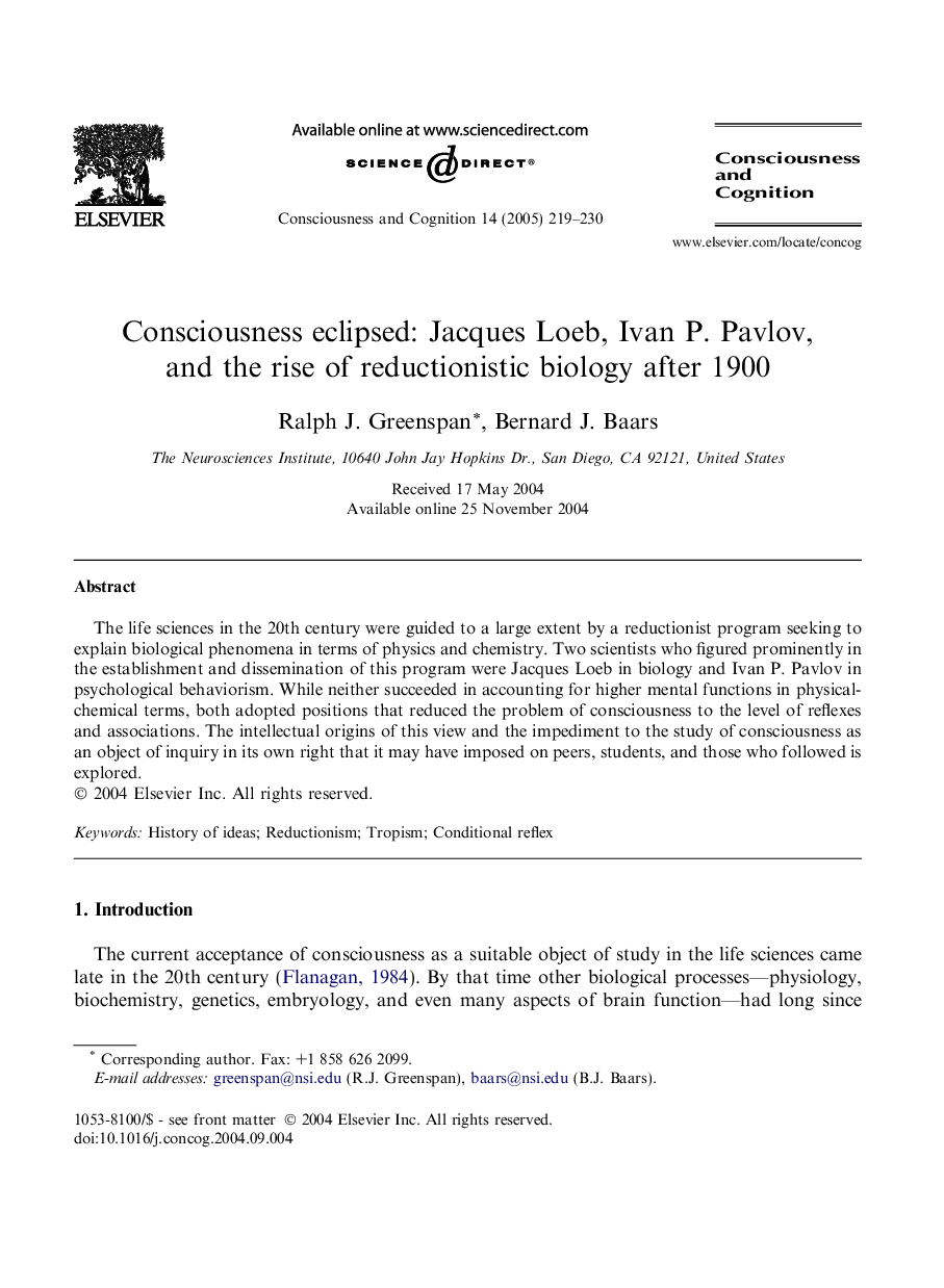 Consciousness eclipsed: Jacques Loeb, Ivan P. Pavlov, and the rise of reductionistic biology after 1900