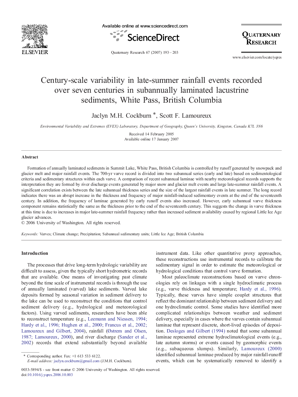 Century-scale variability in late-summer rainfall events recorded over seven centuries in subannually laminated lacustrine sediments, White Pass, British Columbia