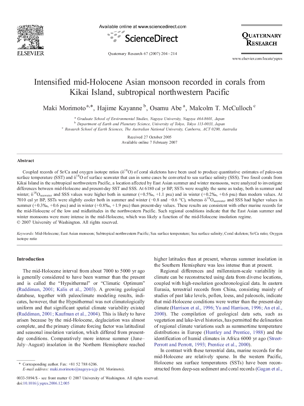 Intensified mid-Holocene Asian monsoon recorded in corals from Kikai Island, subtropical northwestern Pacific