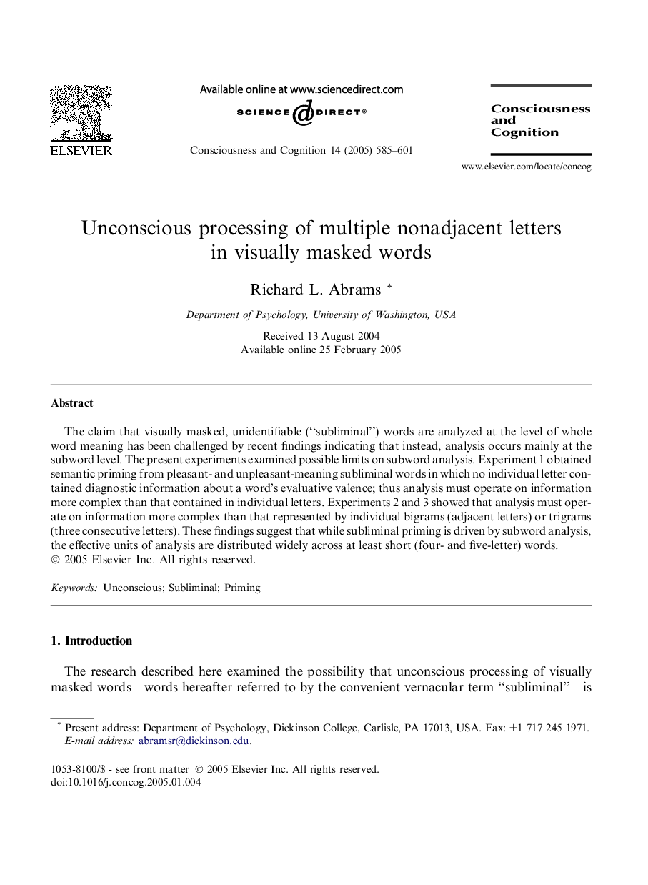 Unconscious processing of multiple nonadjacent letters in visually masked words