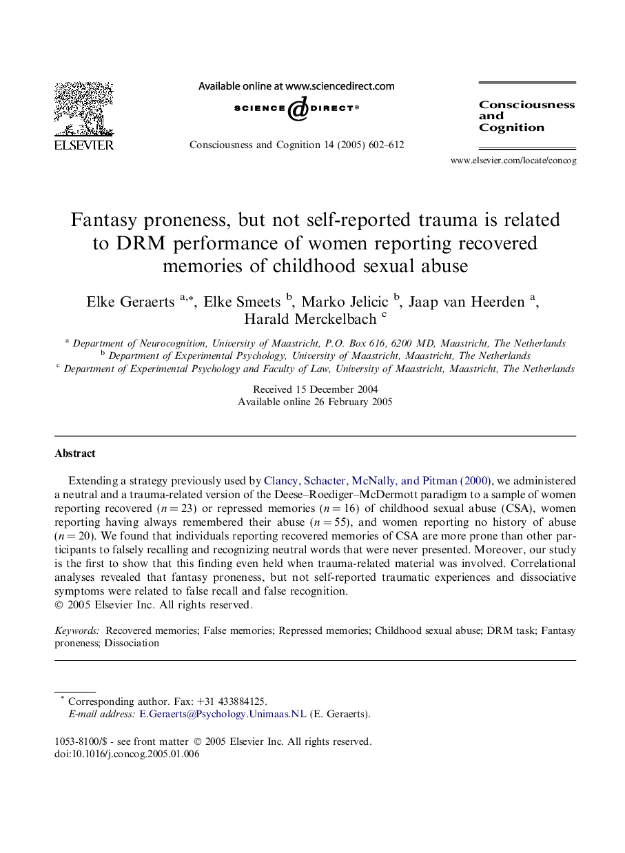 Fantasy proneness, but not self-reported trauma is related to DRM performance of women reporting recovered memories of childhood sexual abuse