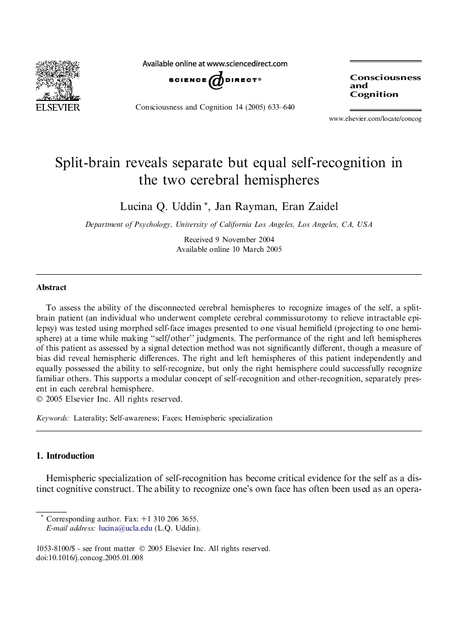 Split-brain reveals separate but equal self-recognition in the two cerebral hemispheres