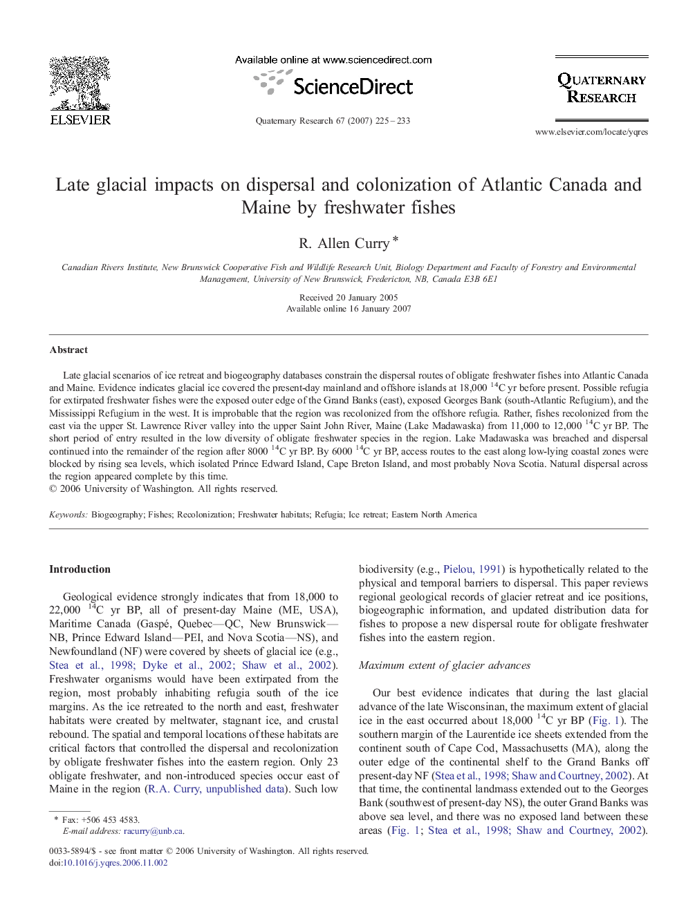 Late glacial impacts on dispersal and colonization of Atlantic Canada and Maine by freshwater fishes