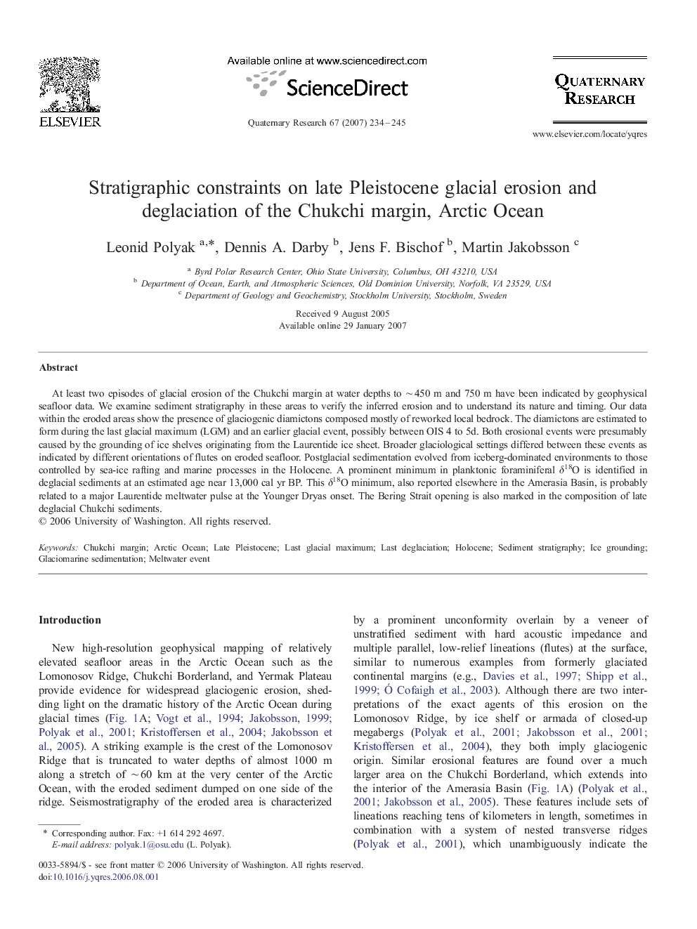 Stratigraphic constraints on late Pleistocene glacial erosion and deglaciation of the Chukchi margin, Arctic Ocean