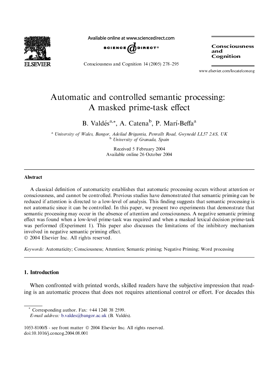Automatic and controlled semantic processing: A masked prime-task effect