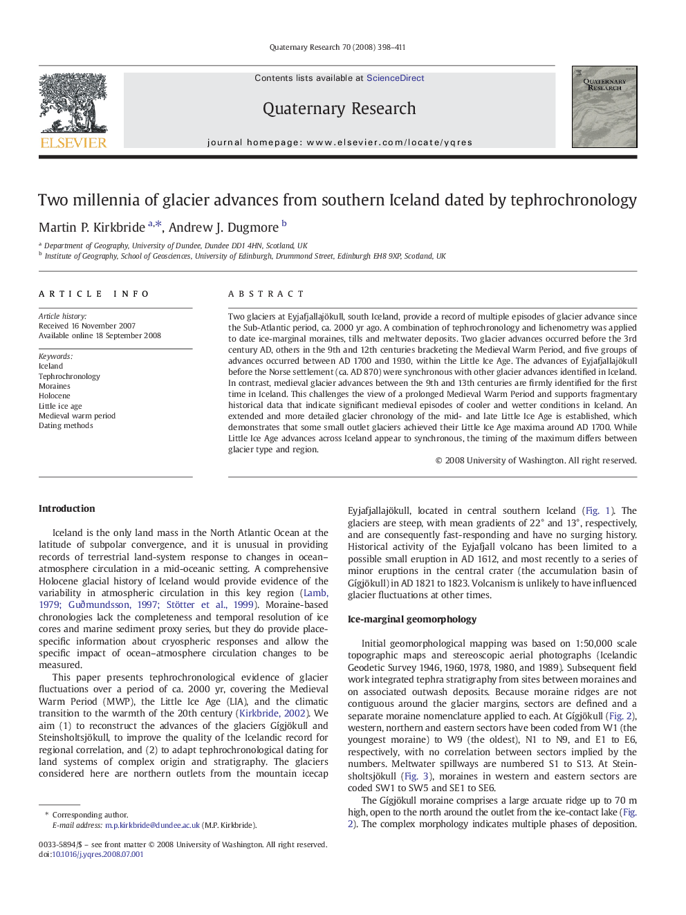 Two millennia of glacier advances from southern Iceland dated by tephrochronology