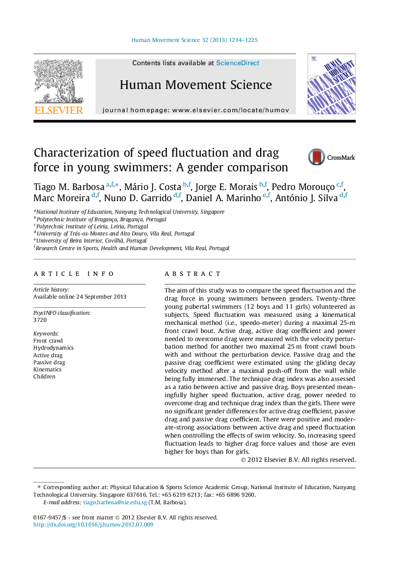 Characterization of speed fluctuation and drag force in young swimmers: A gender comparison