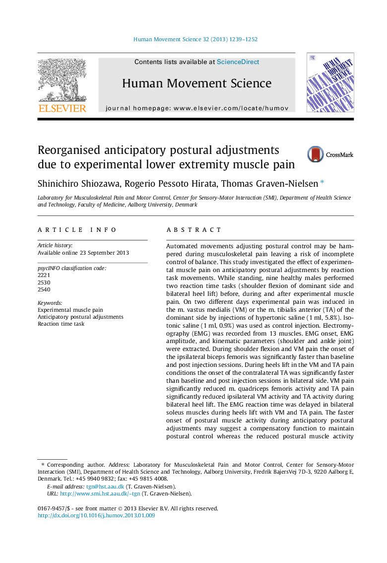 Reorganised anticipatory postural adjustments due to experimental lower extremity muscle pain