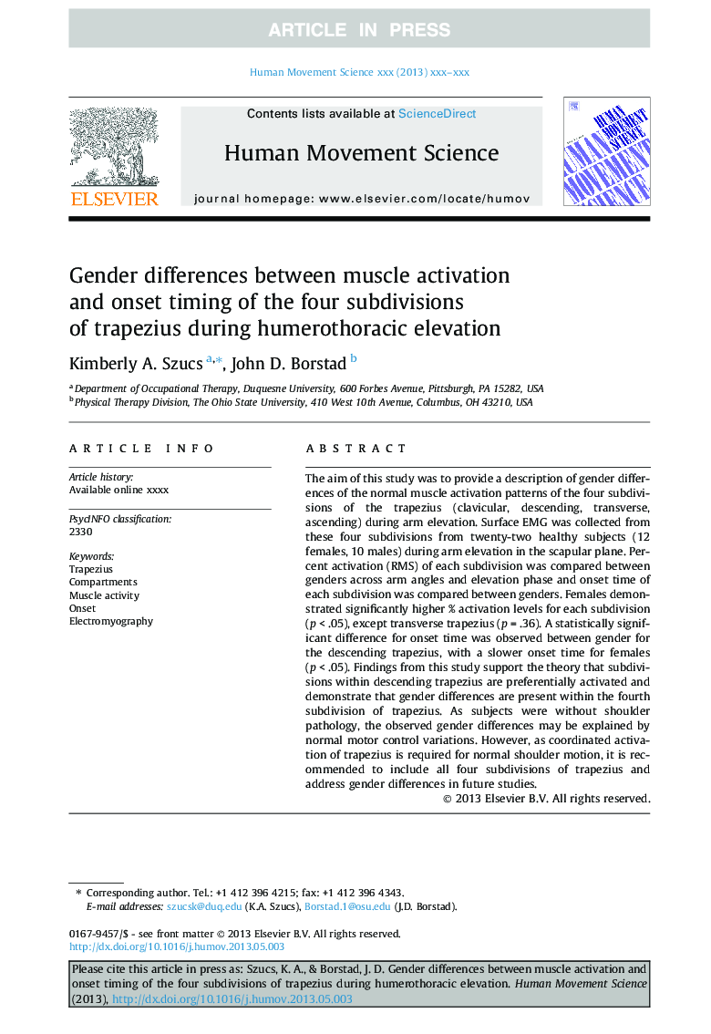 Gender differences between muscle activation and onset timing of the four subdivisions of trapezius during humerothoracic elevation