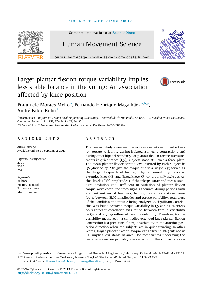 Larger plantar flexion torque variability implies less stable balance in the young: An association affected by knee position