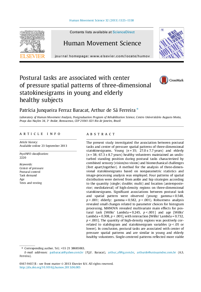 Postural tasks are associated with center of pressure spatial patterns of three-dimensional statokinesigrams in young and elderly healthy subjects