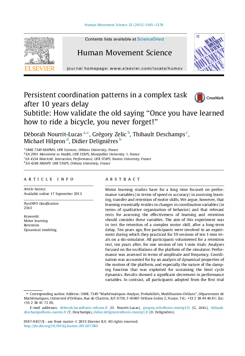 Persistent coordination patterns in a complex task after 10 years delay