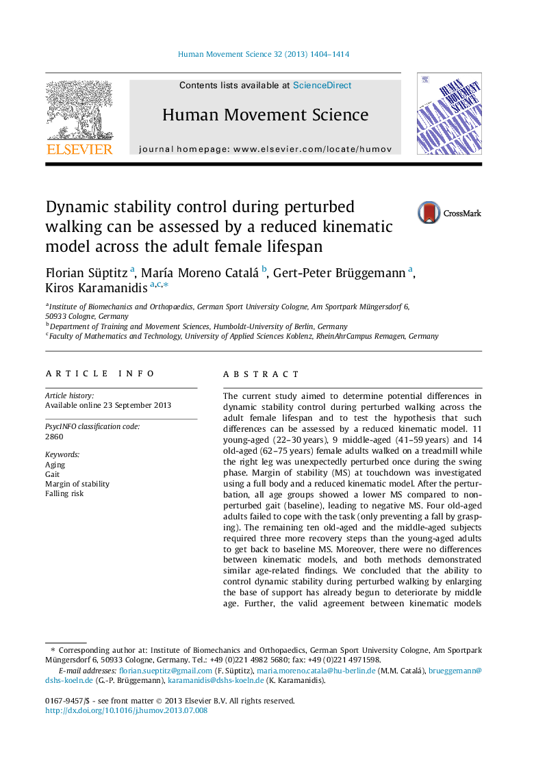 Dynamic stability control during perturbed walking can be assessed by a reduced kinematic model across the adult female lifespan