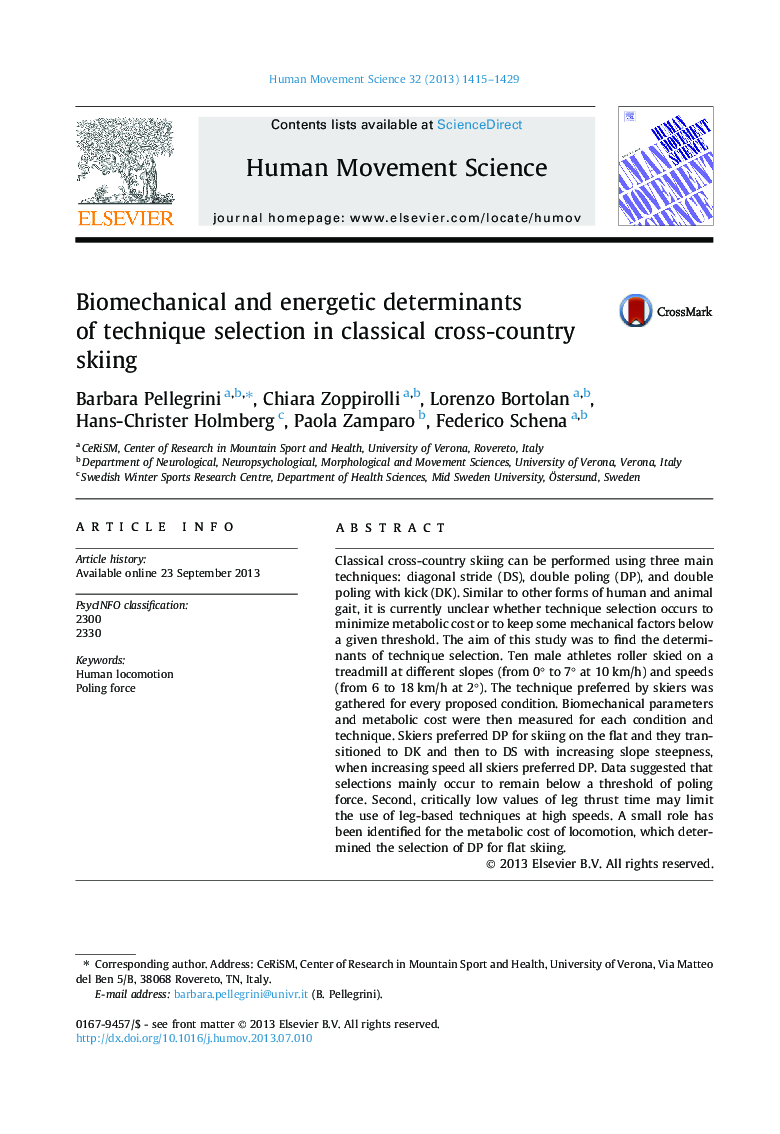 Biomechanical and energetic determinants of technique selection in classical cross-country skiing