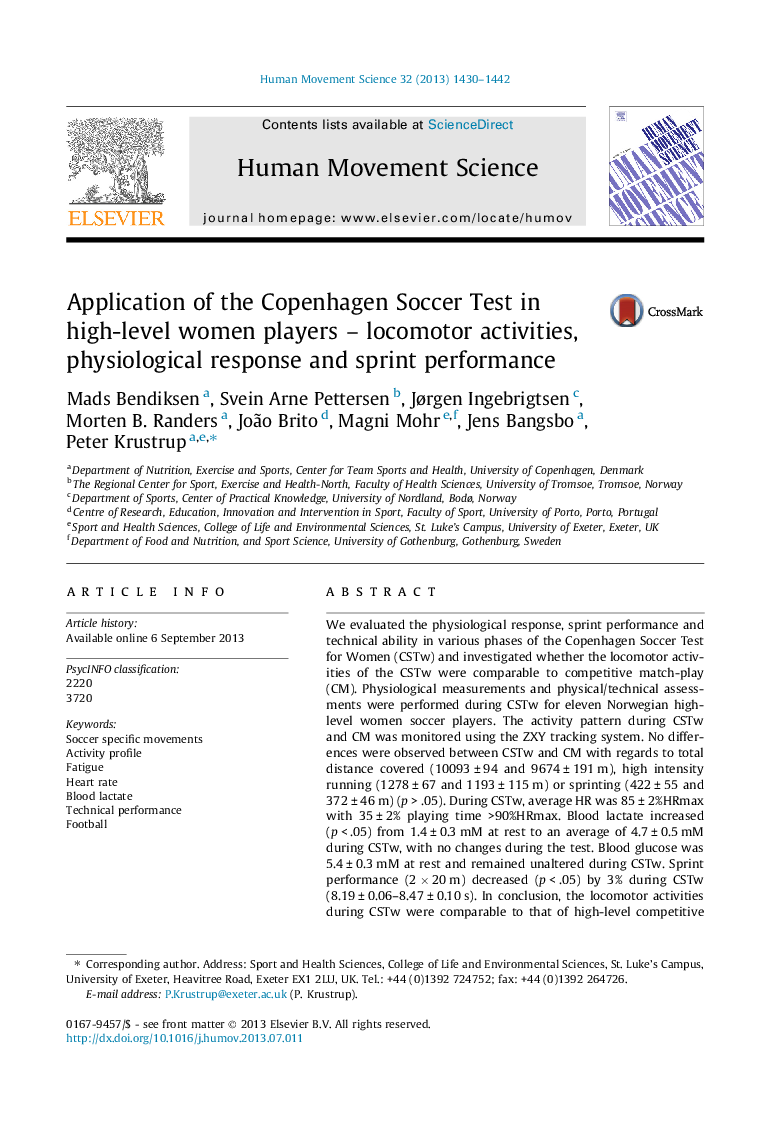 Application of the Copenhagen Soccer Test in high-level women players - locomotor activities, physiological response and sprint performance