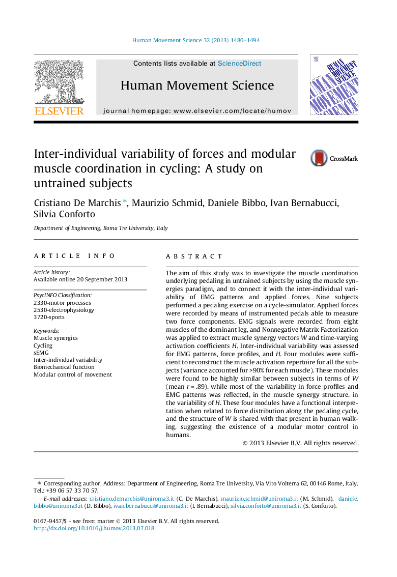 Inter-individual variability of forces and modular muscle coordination in cycling: A study on untrained subjects