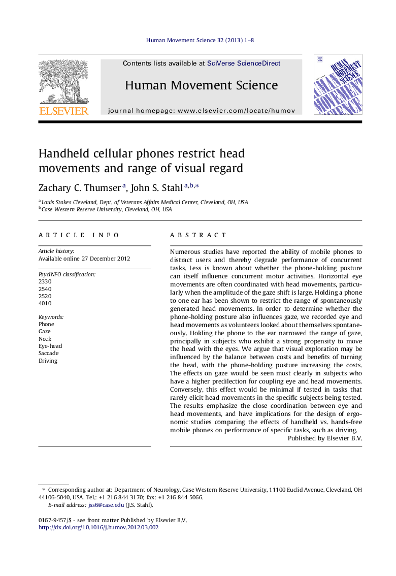 Handheld cellular phones restrict head movements and range of visual regard
