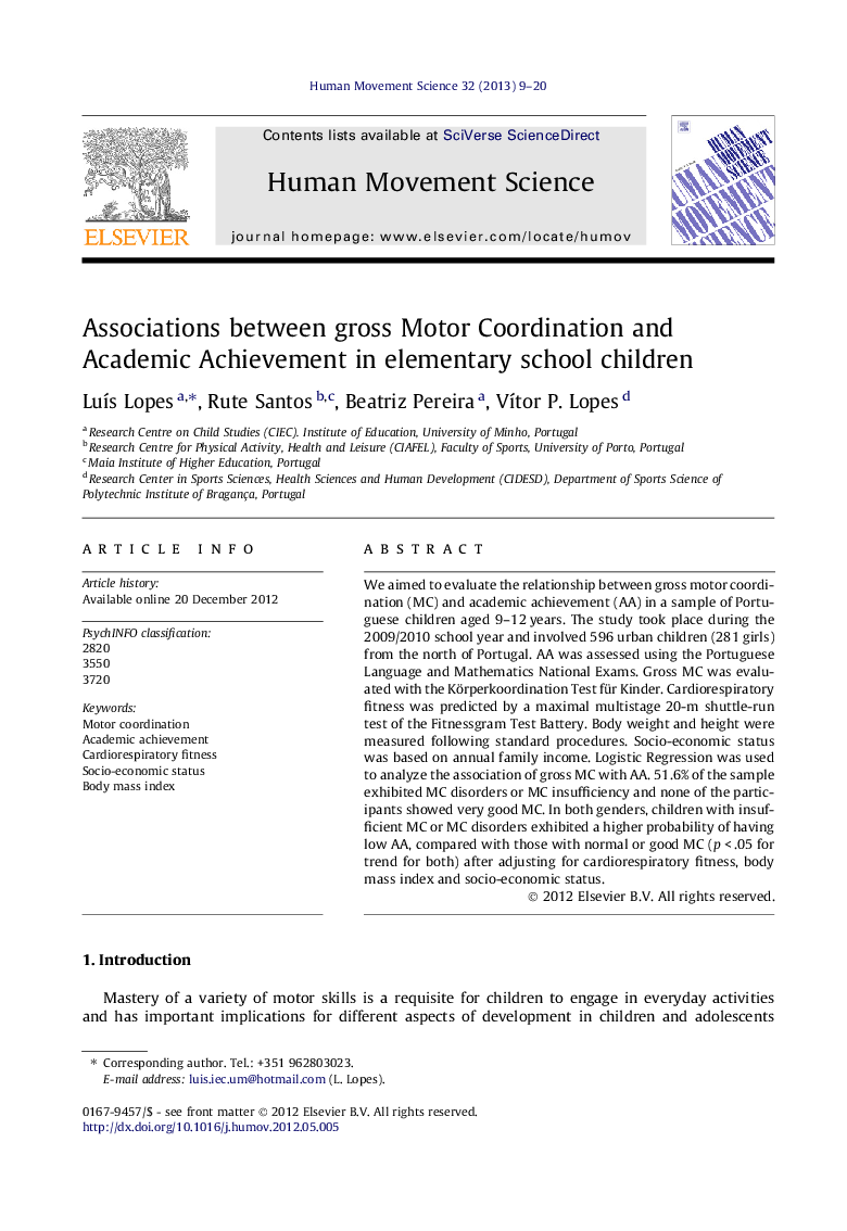 Associations between gross Motor Coordination and Academic Achievement in elementary school children