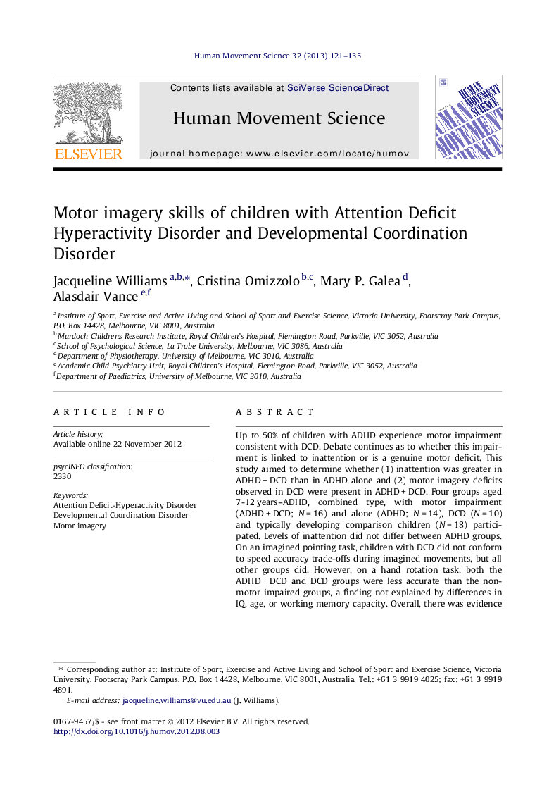 Motor imagery skills of children with Attention Deficit Hyperactivity Disorder and Developmental Coordination Disorder