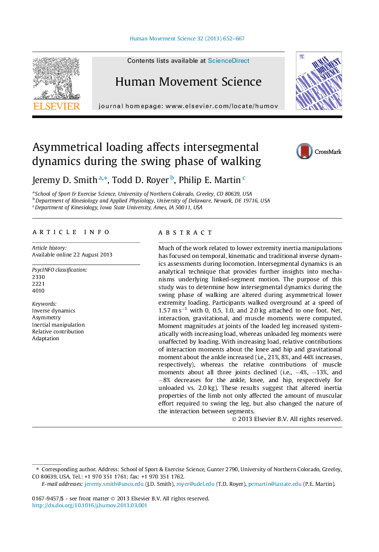 Asymmetrical loading affects intersegmental dynamics during the swing phase of walking