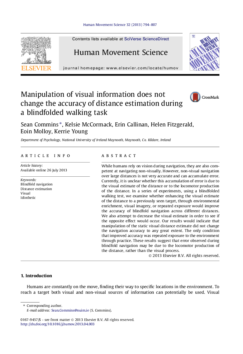 Manipulation of visual information does not change the accuracy of distance estimation during a blindfolded walking task