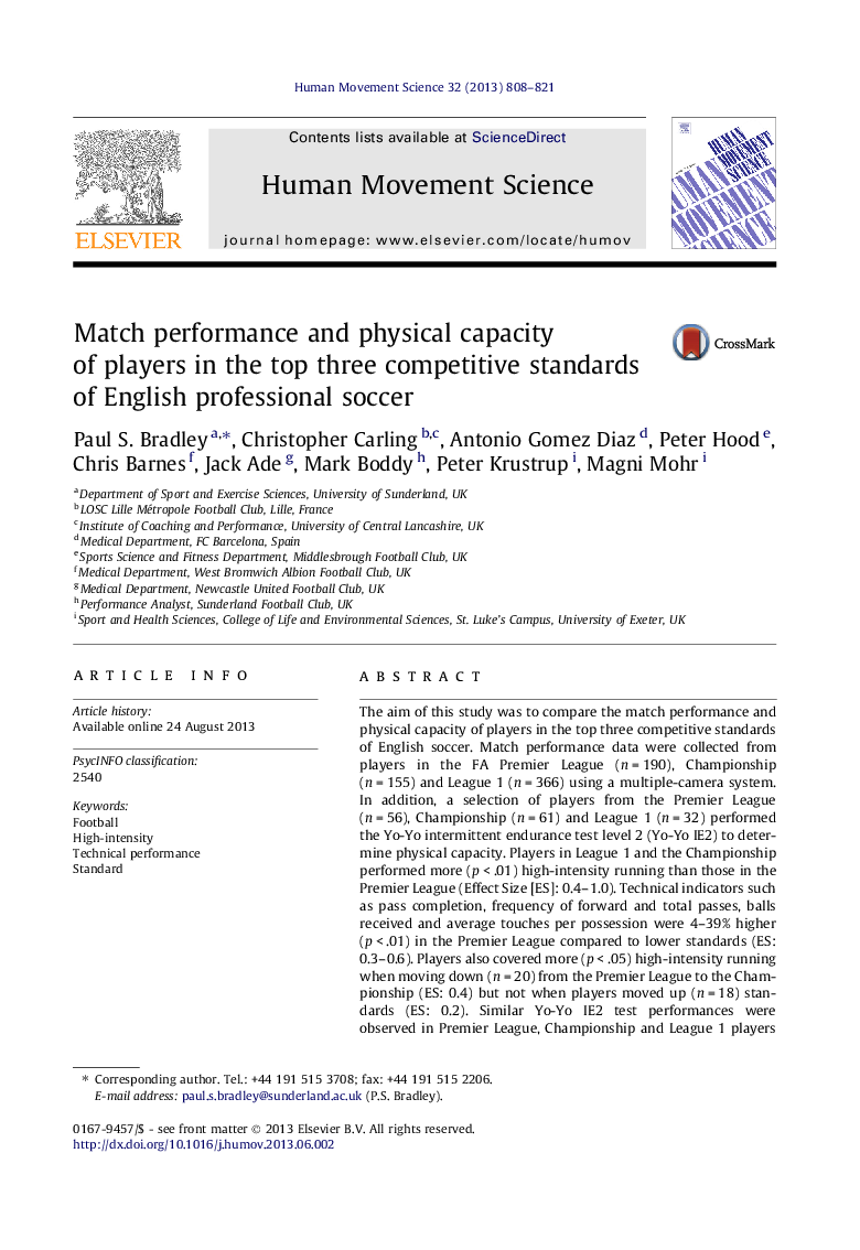 Match performance and physical capacity of players in the top three competitive standards of English professional soccer