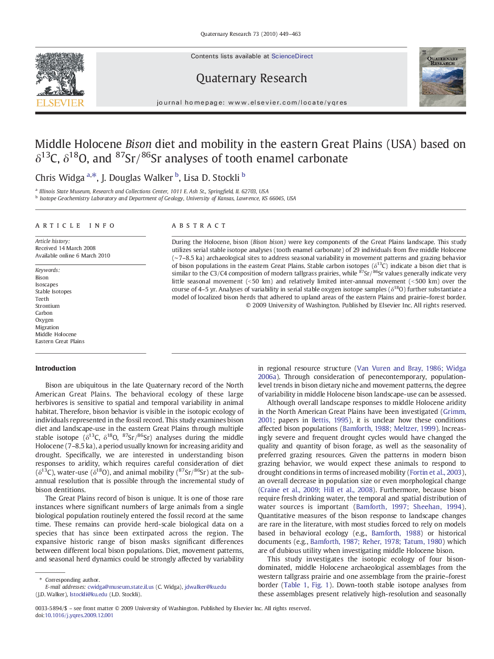 Middle Holocene Bison diet and mobility in the eastern Great Plains (USA) based on δ13C, δ18O, and 87Sr/86Sr analyses of tooth enamel carbonate