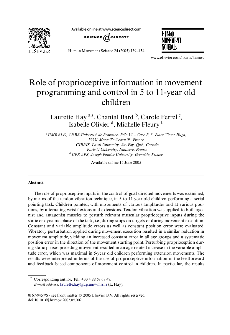 Role of proprioceptive information in movement programming and control in 5 to 11-year old children