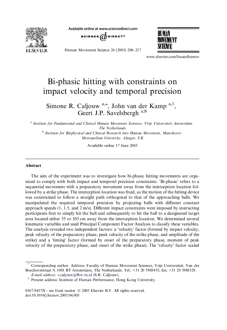 Bi-phasic hitting with constraints on impact velocity and temporal precision