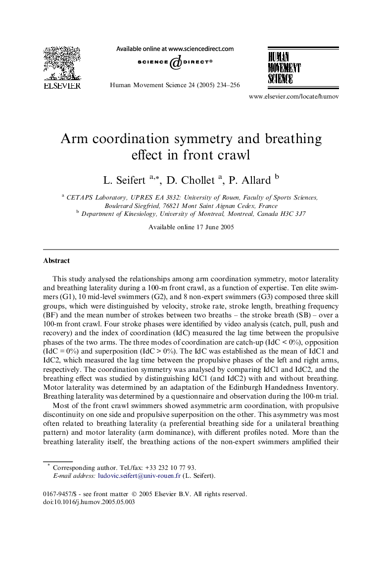 Arm coordination symmetry and breathing effect in front crawl