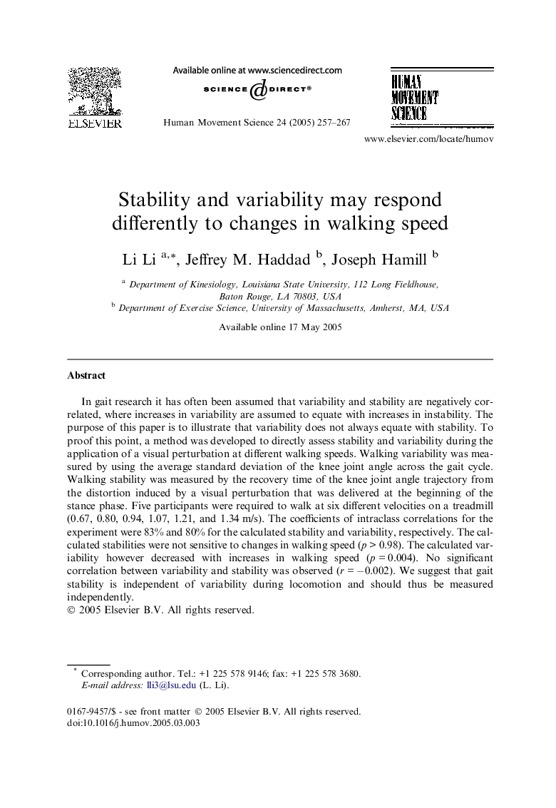 Stability and variability may respond differently to changes in walking speed