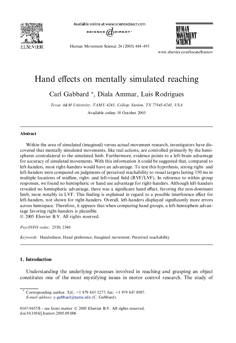 Hand effects on mentally simulated reaching