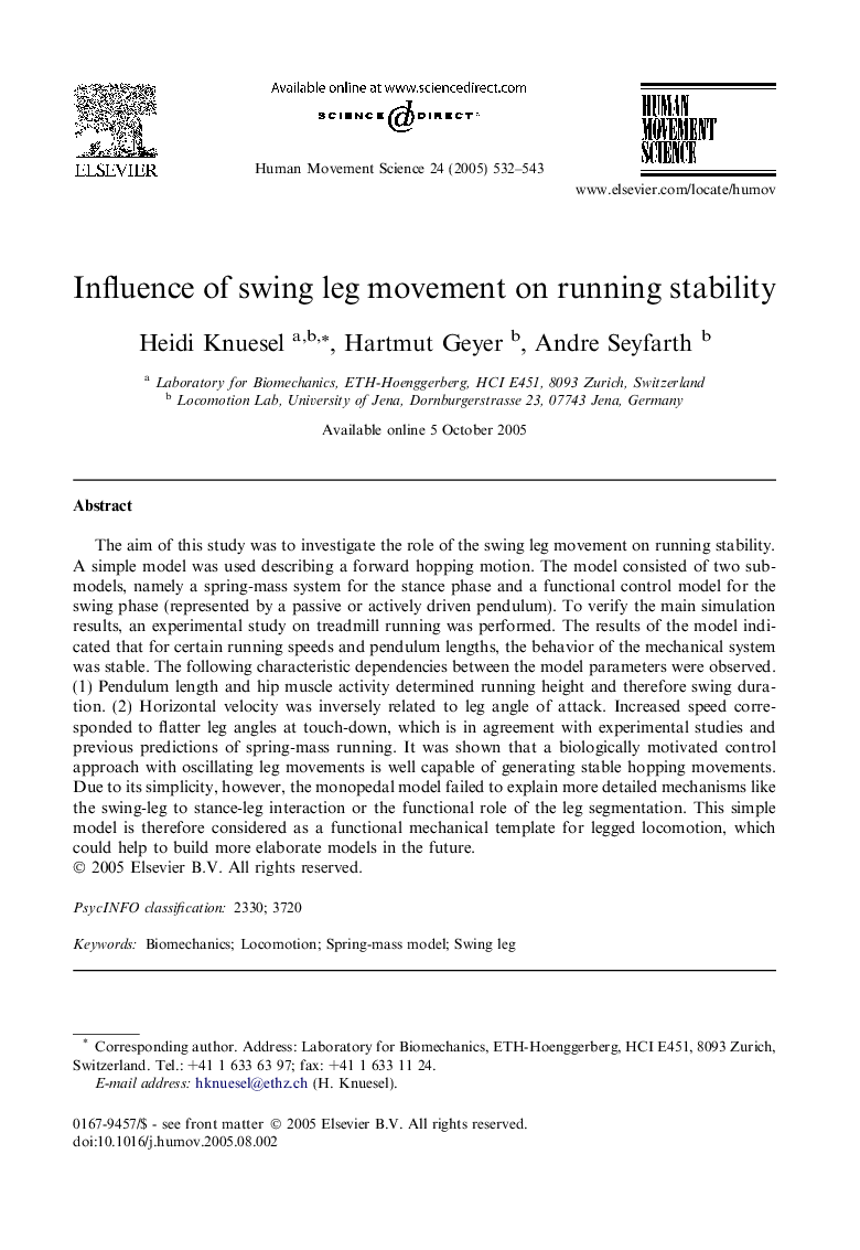 Influence of swing leg movement on running stability