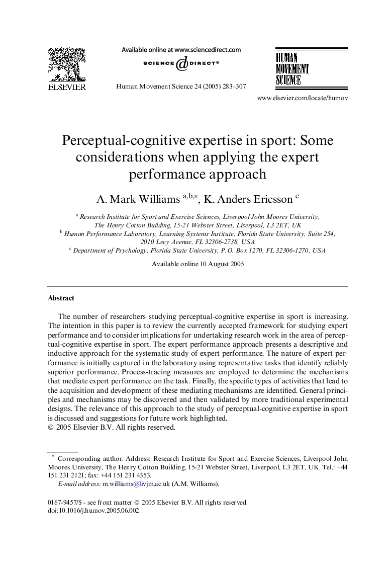 Perceptual-cognitive expertise in sport: Some considerations when applying the expert performance approach