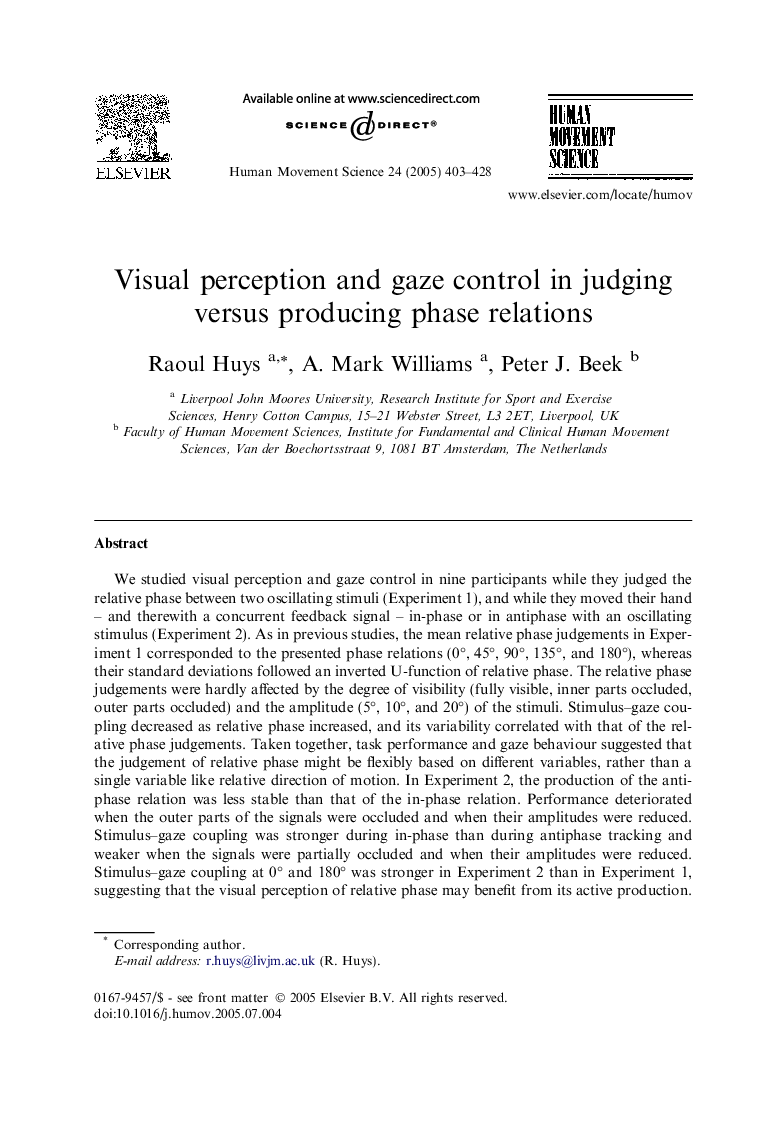 Visual perception and gaze control in judging versus producing phase relations