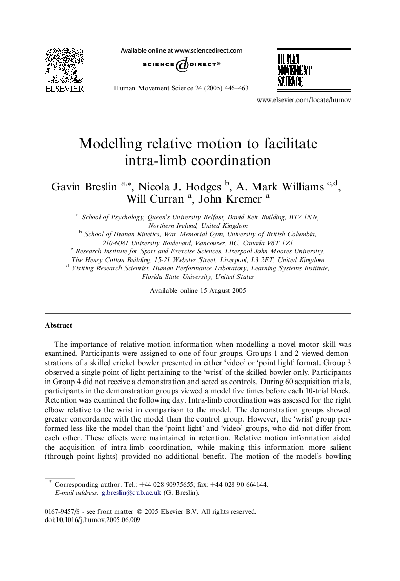 Modelling relative motion to facilitate intra-limb coordination