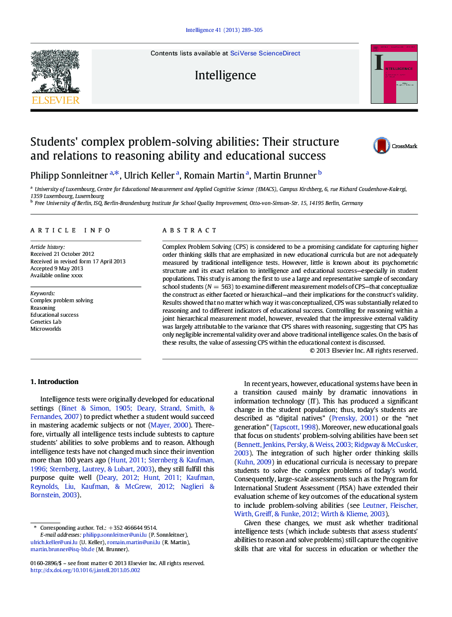 Students' complex problem-solving abilities: Their structure and relations to reasoning ability and educational success