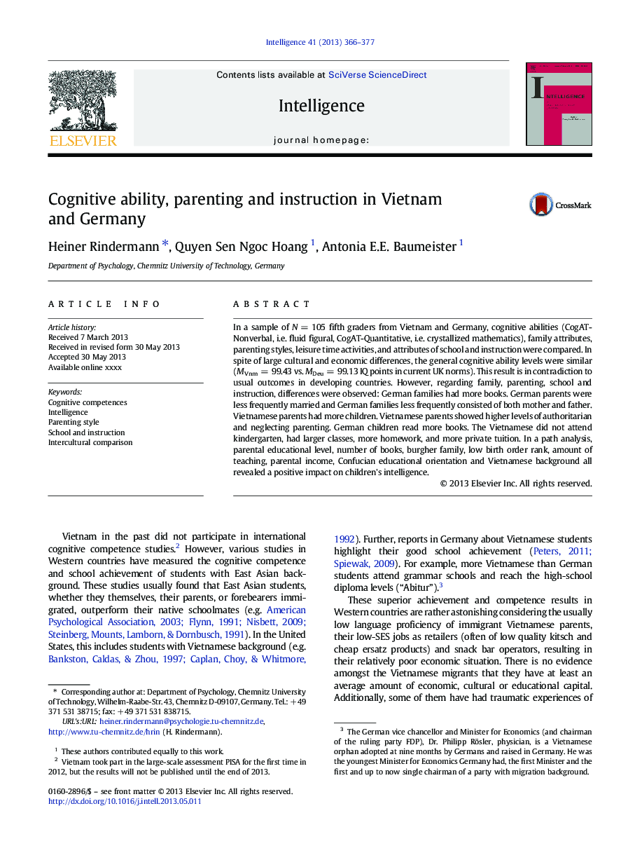 Cognitive ability, parenting and instruction in Vietnam and Germany