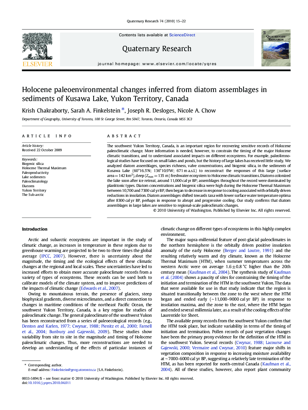 Holocene paleoenvironmental changes inferred from diatom assemblages in sediments of Kusawa Lake, Yukon Territory, Canada