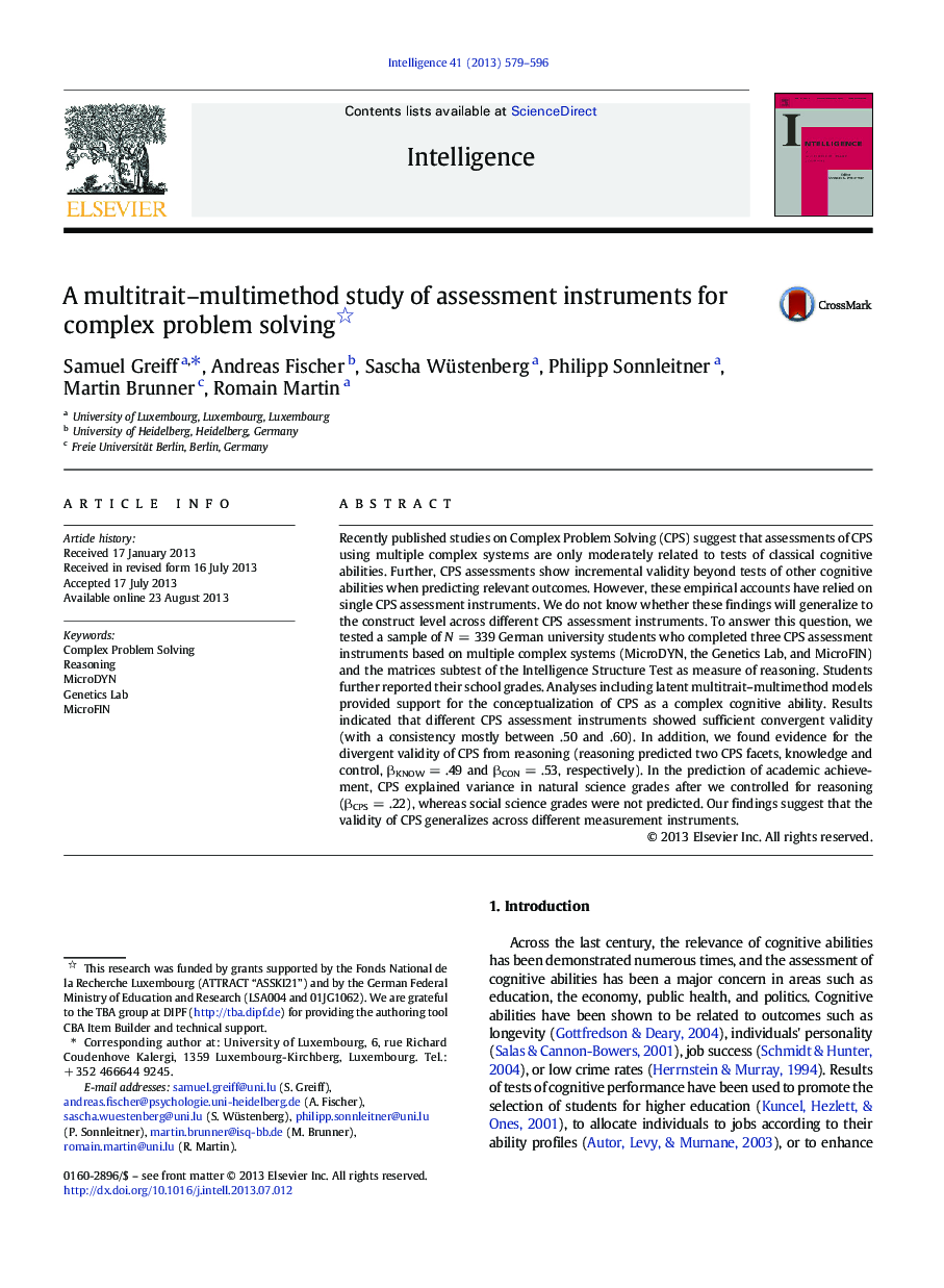 A multitrait-multimethod study of assessment instruments for complex problem solving