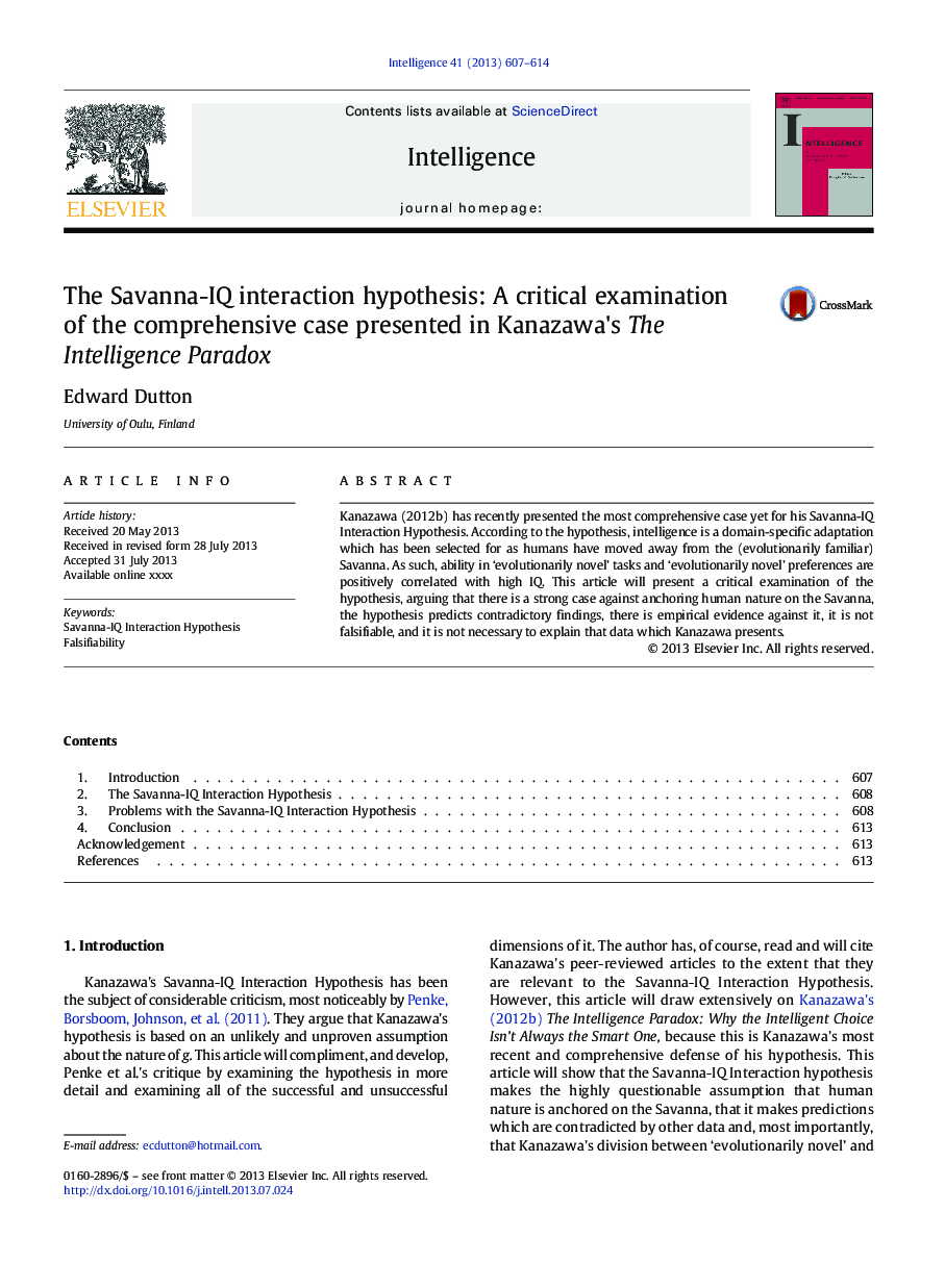 The Savanna-IQ interaction hypothesis: A critical examination of the comprehensive case presented in Kanazawa's The Intelligence Paradox