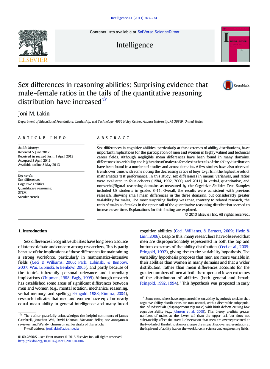 Sex differences in reasoning abilities: Surprising evidence that male-female ratios in the tails of the quantitative reasoning distribution have increased