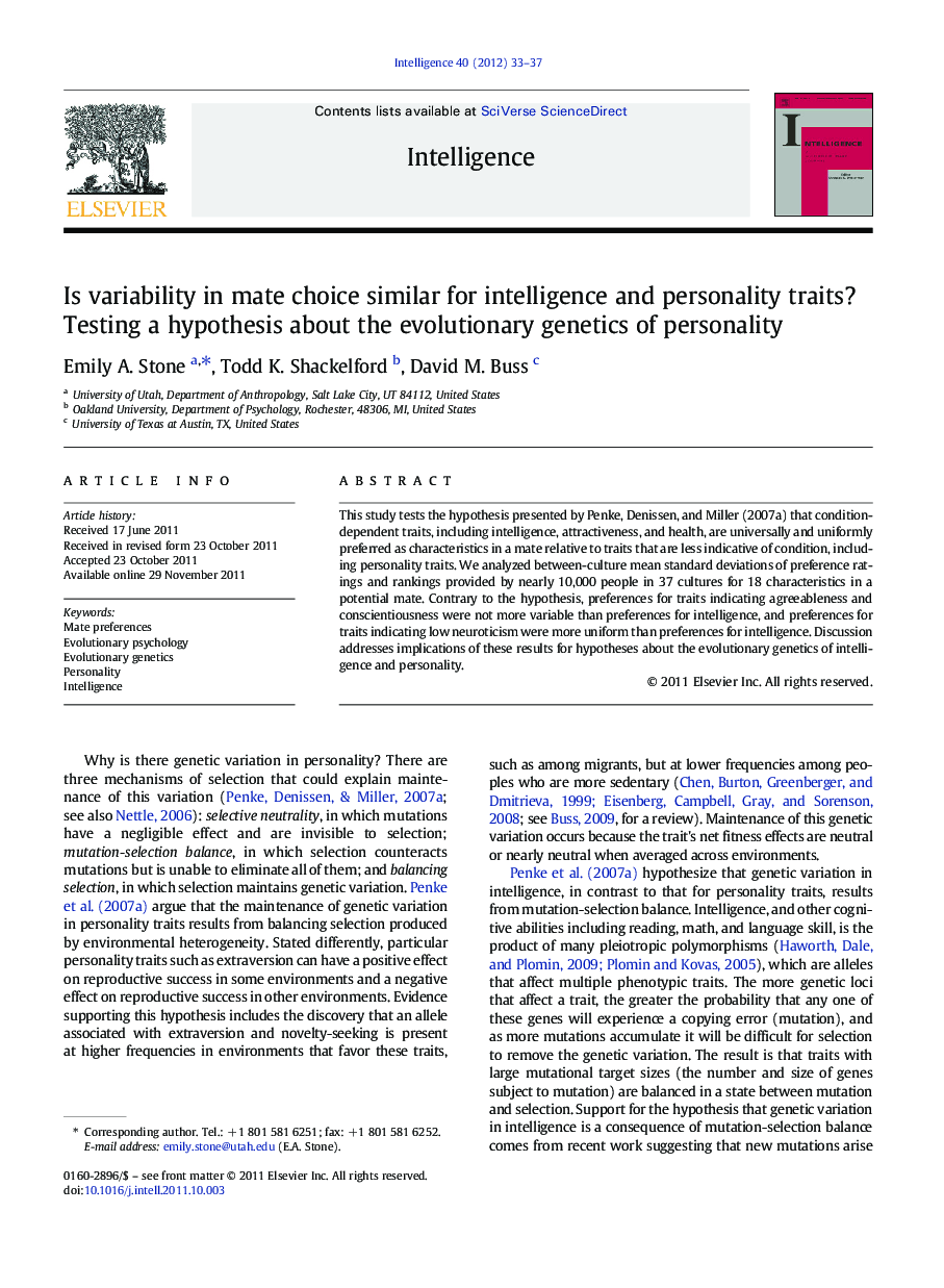 Is variability in mate choice similar for intelligence and personality traits? Testing a hypothesis about the evolutionary genetics of personality