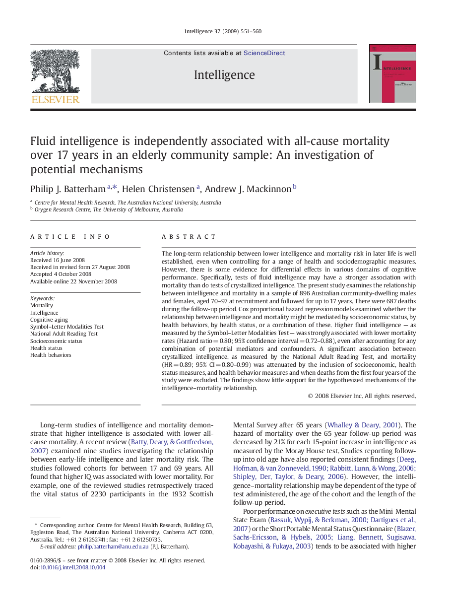 Fluid intelligence is independently associated with all-cause mortality over 17Â years in an elderly community sample: An investigation of potential mechanisms