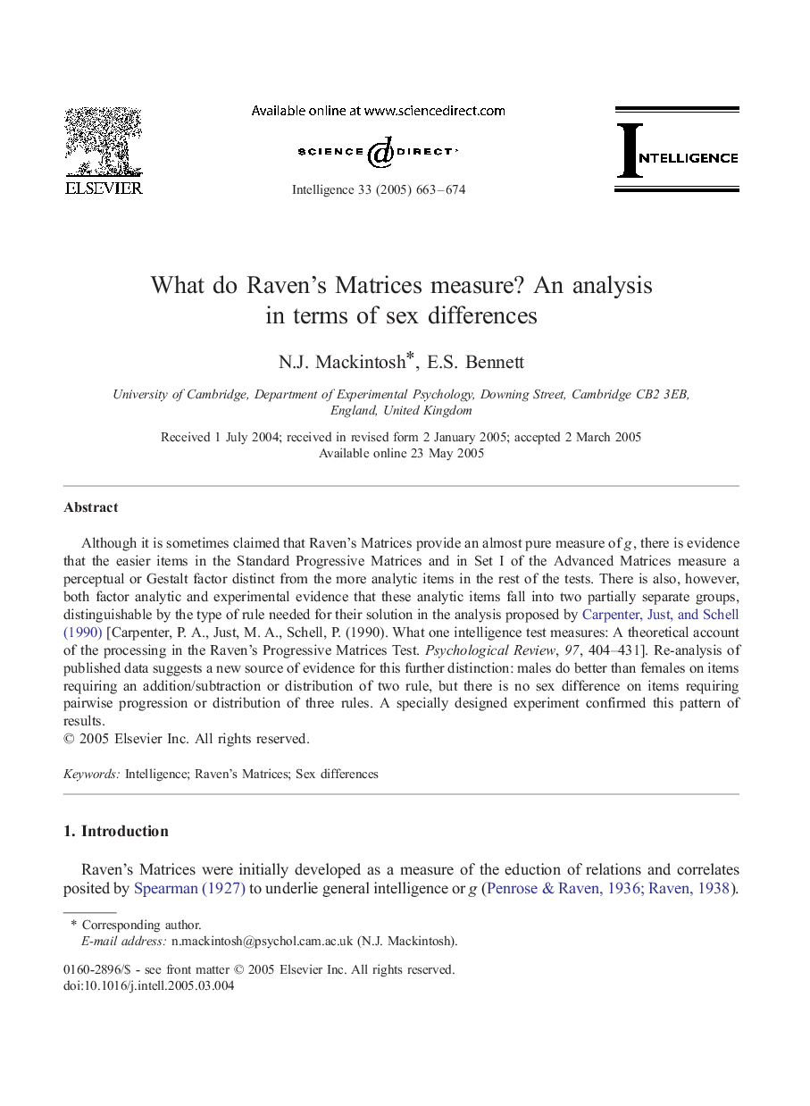 What do Raven's Matrices measure? An analysis in terms of sex differences