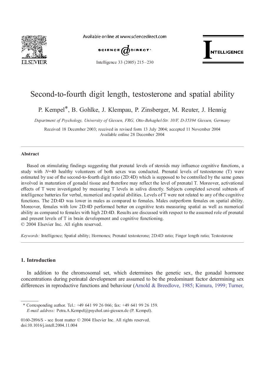 Second-to-fourth digit length, testosterone and spatial ability