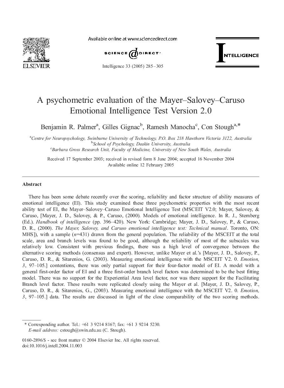 A psychometric evaluation of the Mayer-Salovey-Caruso Emotional Intelligence Test Version 2.0