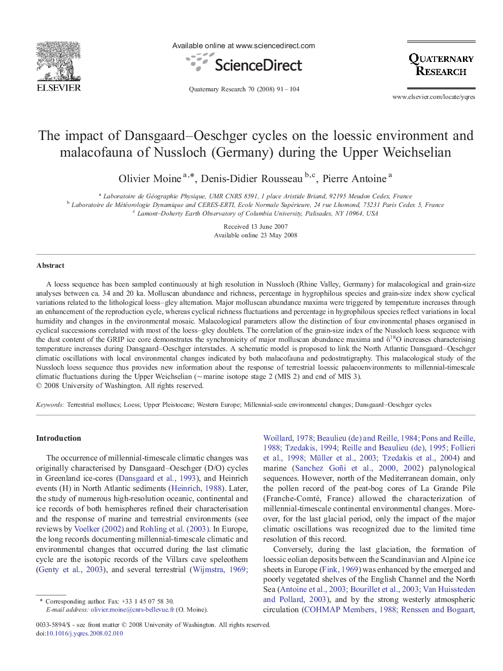 The impact of Dansgaard–Oeschger cycles on the loessic environment and malacofauna of Nussloch (Germany) during the Upper Weichselian