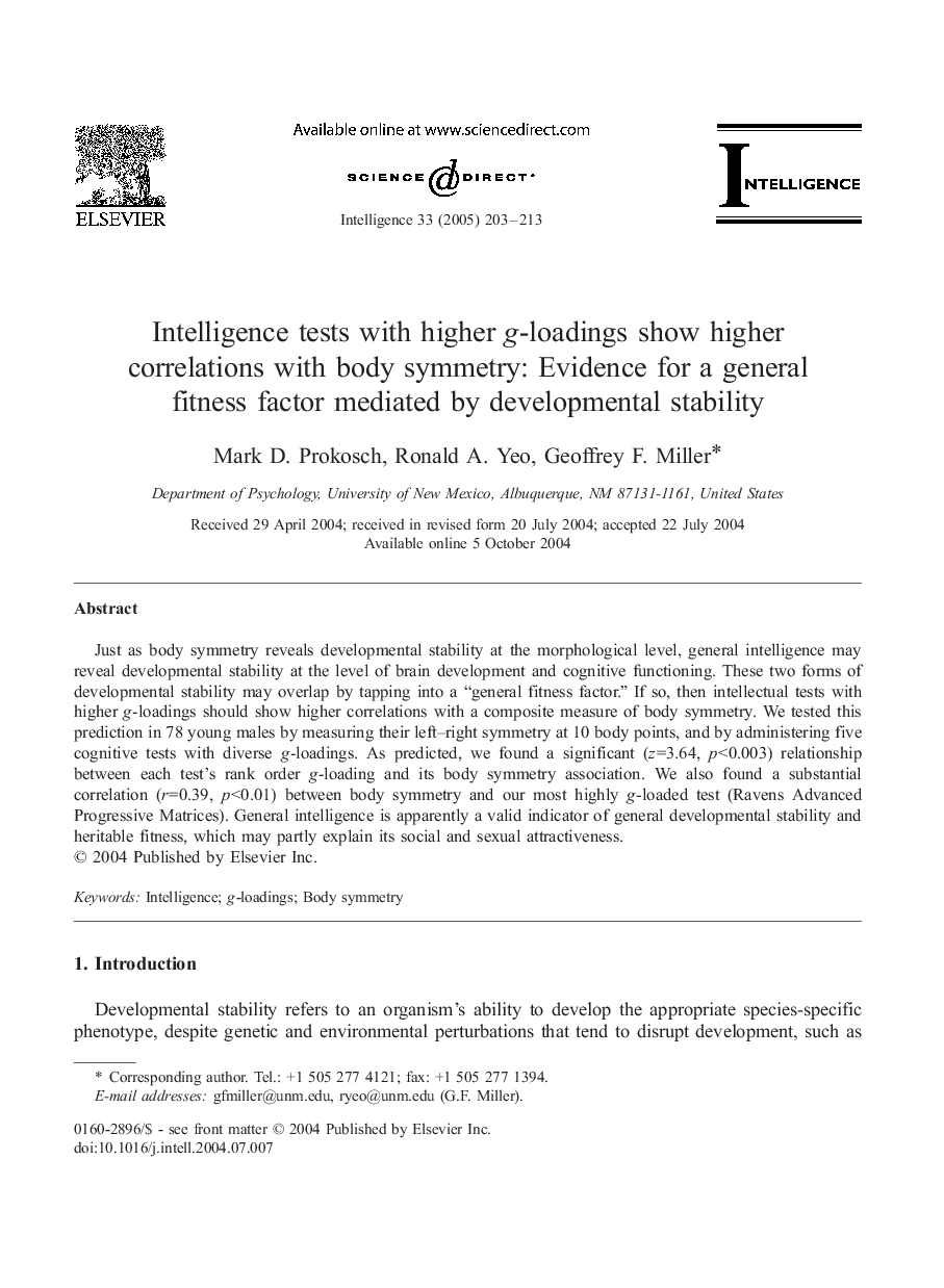 Intelligence tests with higher g-loadings show higher correlations with body symmetry: Evidence for a general fitness factor mediated by developmental stability